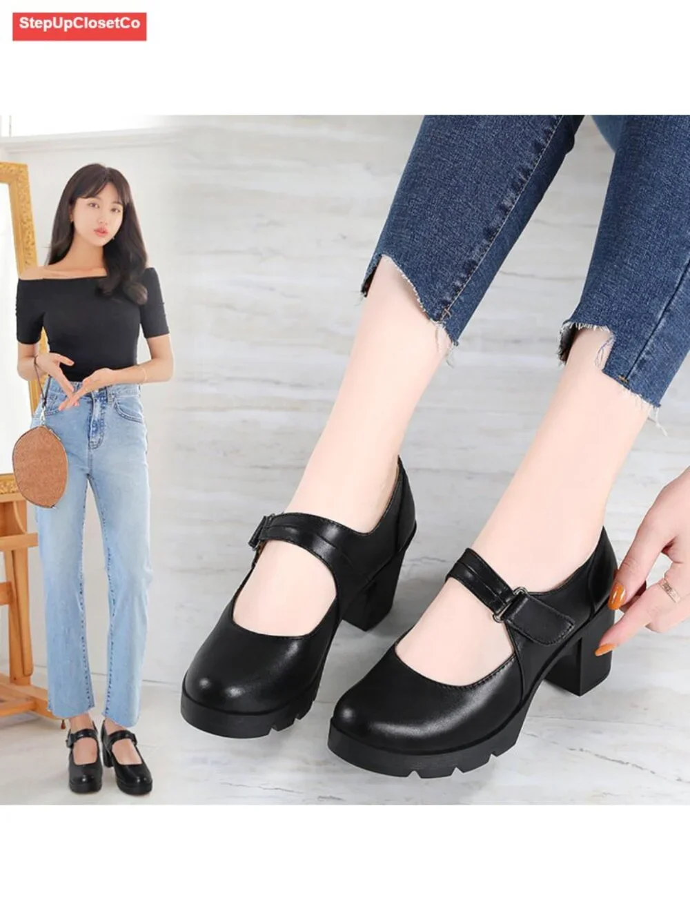 Women's Leather Classic Mid Heel Mary Jane Square Toe Oxfords Platform Dress